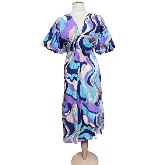 Jessica Simpson Abstract 60s Purple Puff Sleeve Maxi Dress Empire Babydoll - Sm - Picture 1 of 9